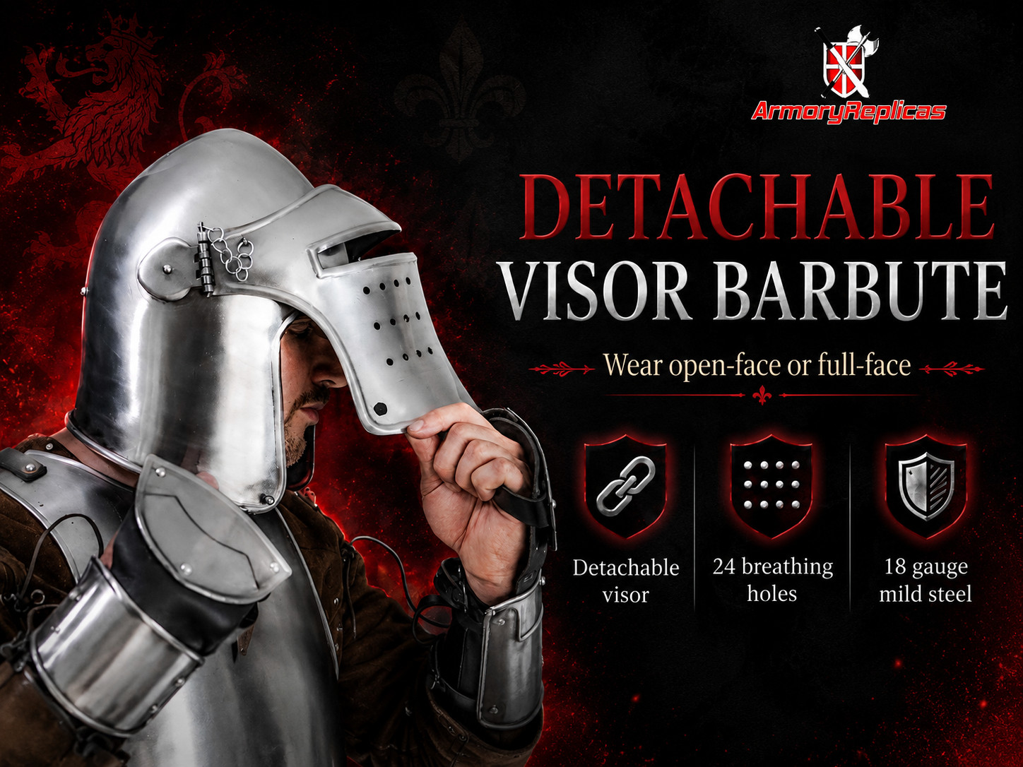 MEDIEVAL RENAISSANCE DETACHABLE VISOR BARBUTE 18 GUAGE FUNCTIONAL HELMET ARMOR
