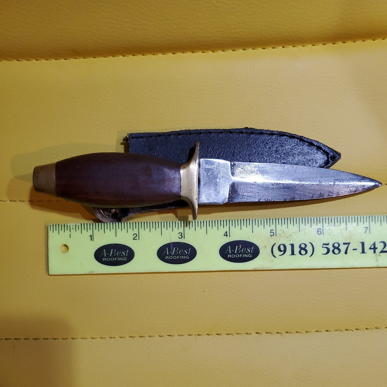 Vintage 4″ Knife Dagger Wooden Handle Brass Pommel and Hilt with Leather Sheath