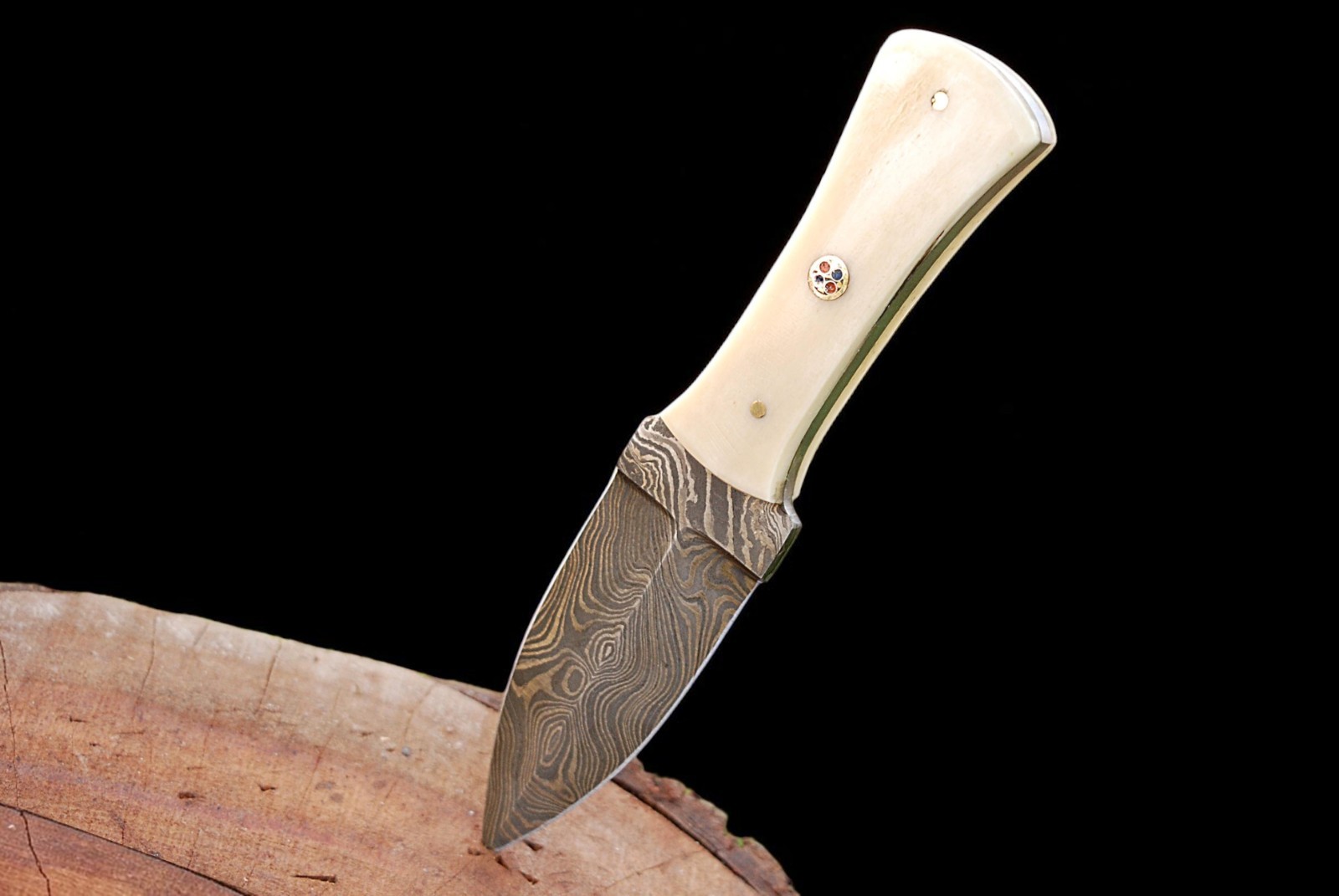 CUSTOM MADE FORGED DAMASCUS STEEL THROWING BOOT KNIFE CAMEL BONE HANDLE 868