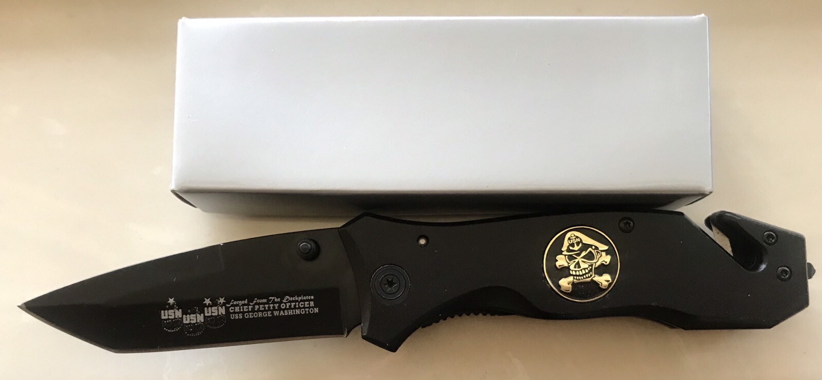 United States Military USN Black Blade Knife with Belt Clip