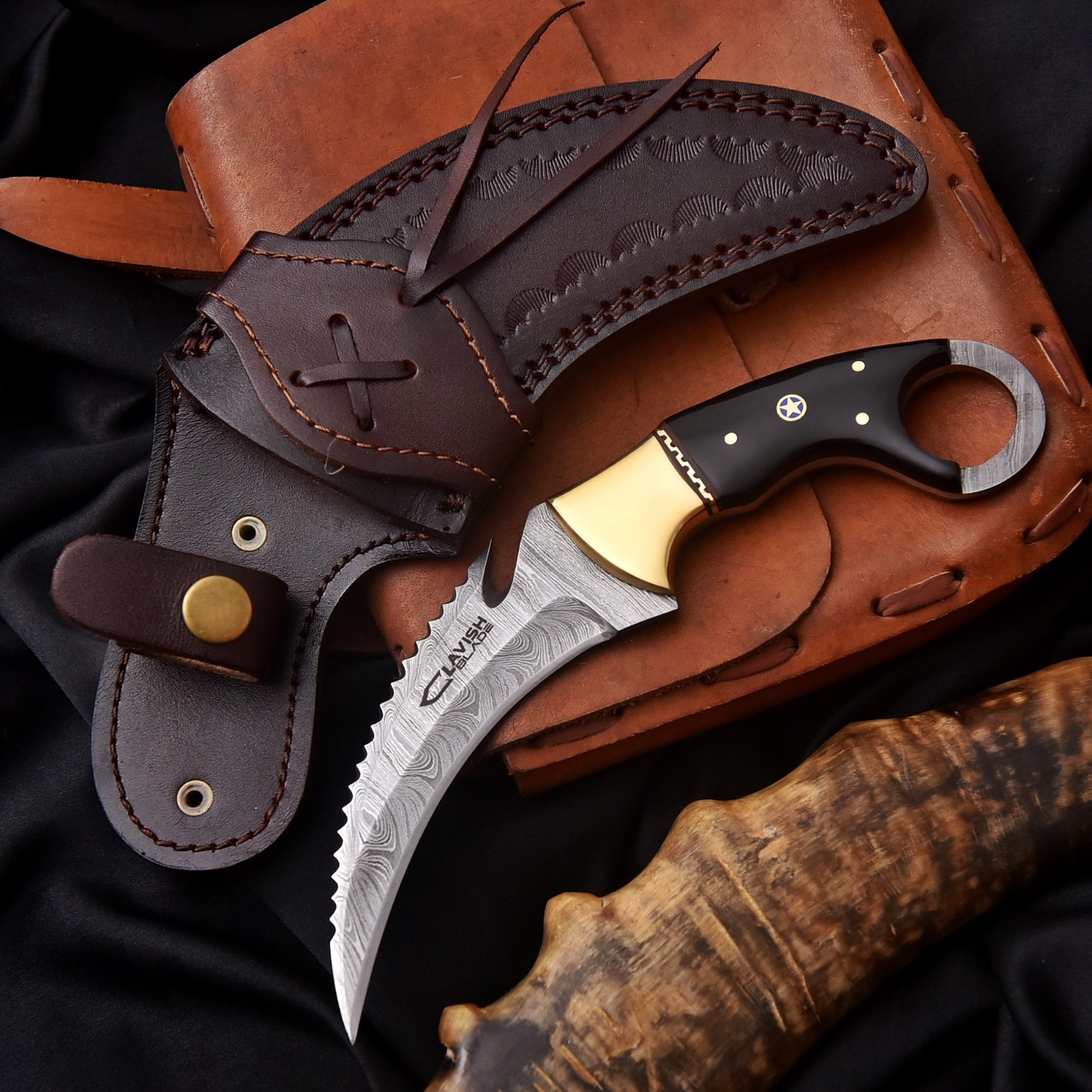 Handmade Damascus Karambit Hunting Knife Brass Resin handle with Sheath
