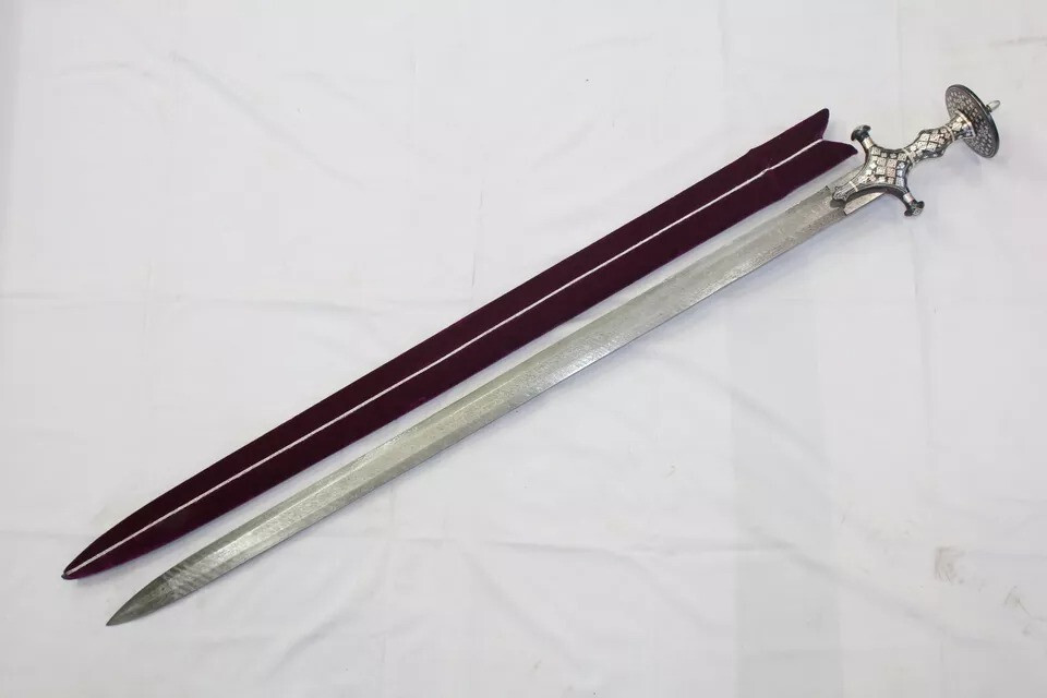 Straight sword religious sikh damascus steel blade silver wire work handle W706