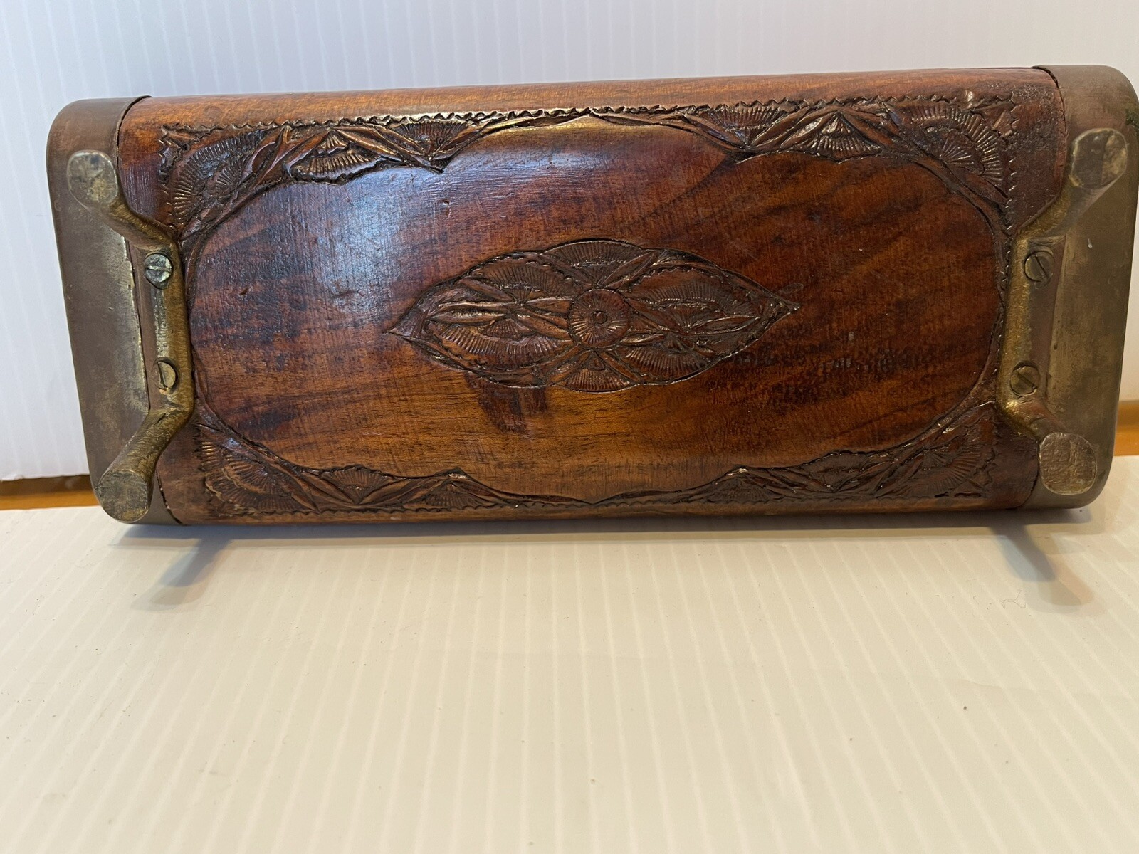 Antique Indian Hand Carved Wooden Case & Six Stainless Steel Wood Handle Knives.