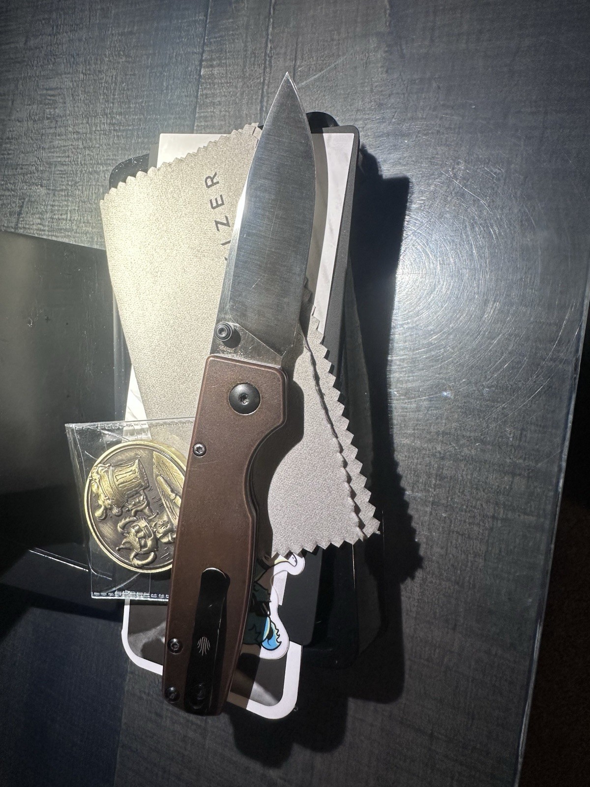 Kizer Original Copper 154CM Satin Blade Copper Handle Button Lock