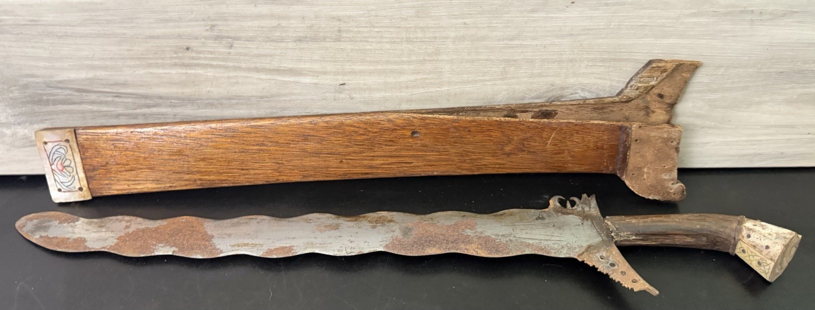 Philippine Moro Kris Sword W/ Original Wood Scabbard Handle Sheath Broke Wear