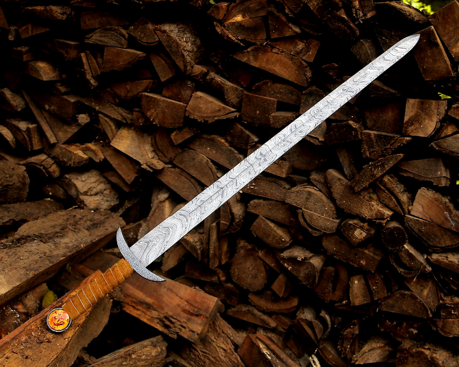 Hand Forged Damascus Steel Viking Sword w/ Leather Pouch Medieval Long Swords