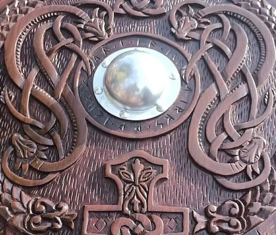 24» Medieval Wooden Norse Carving Round Viking Shield Celtic Ornament Battle