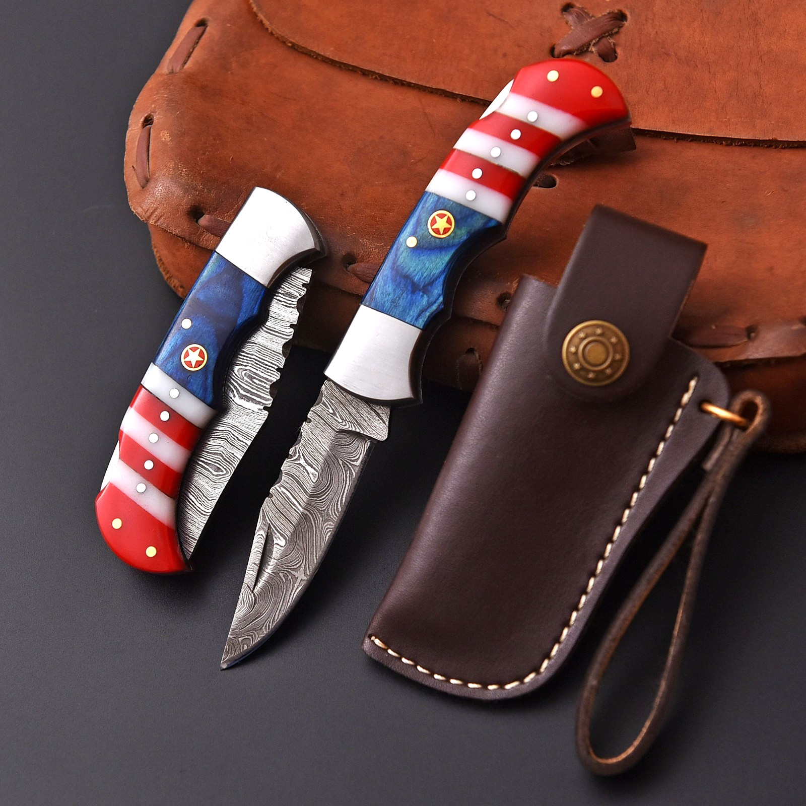 Handmade Forged Custom Damascus Steel Folding Pocket Knife with Leather Sheath