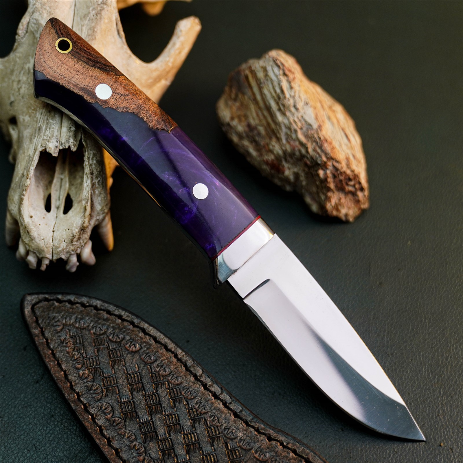 8.6″ Hunting EDC Stainless Knife Handmade Full Tang Wood Handle + Sheath