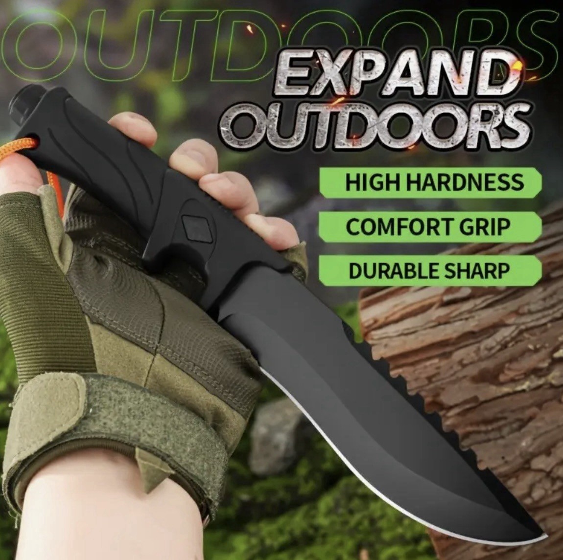 10.31 Inch Hunting Knives Steel Blade Black Knife Nylon Sheath Black Handle