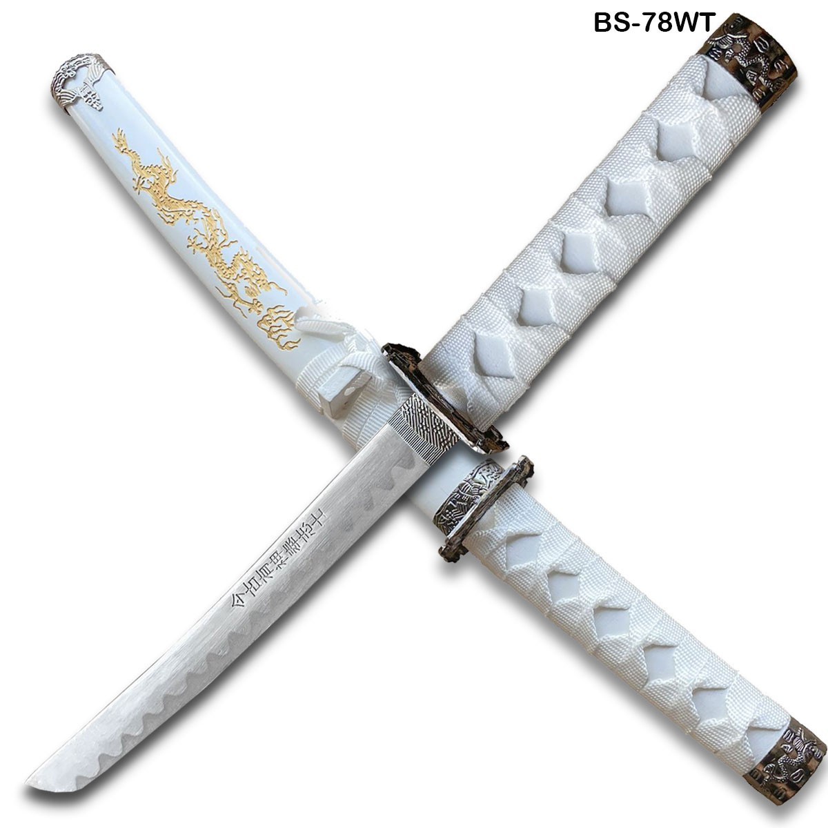 Tanto 21″ Sword w/ Gold Dragon Engraved White Scabbard