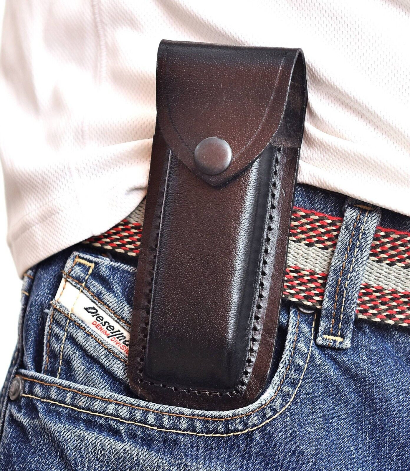 CUSTOM HANDMADE LEATHER VERTICAL SHEATH 5.5″ FOLDING POCKET KNIFE FOR BUCK 110