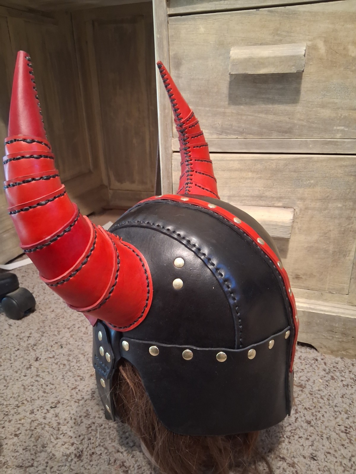 Black Leather Viking Helmet With Horns