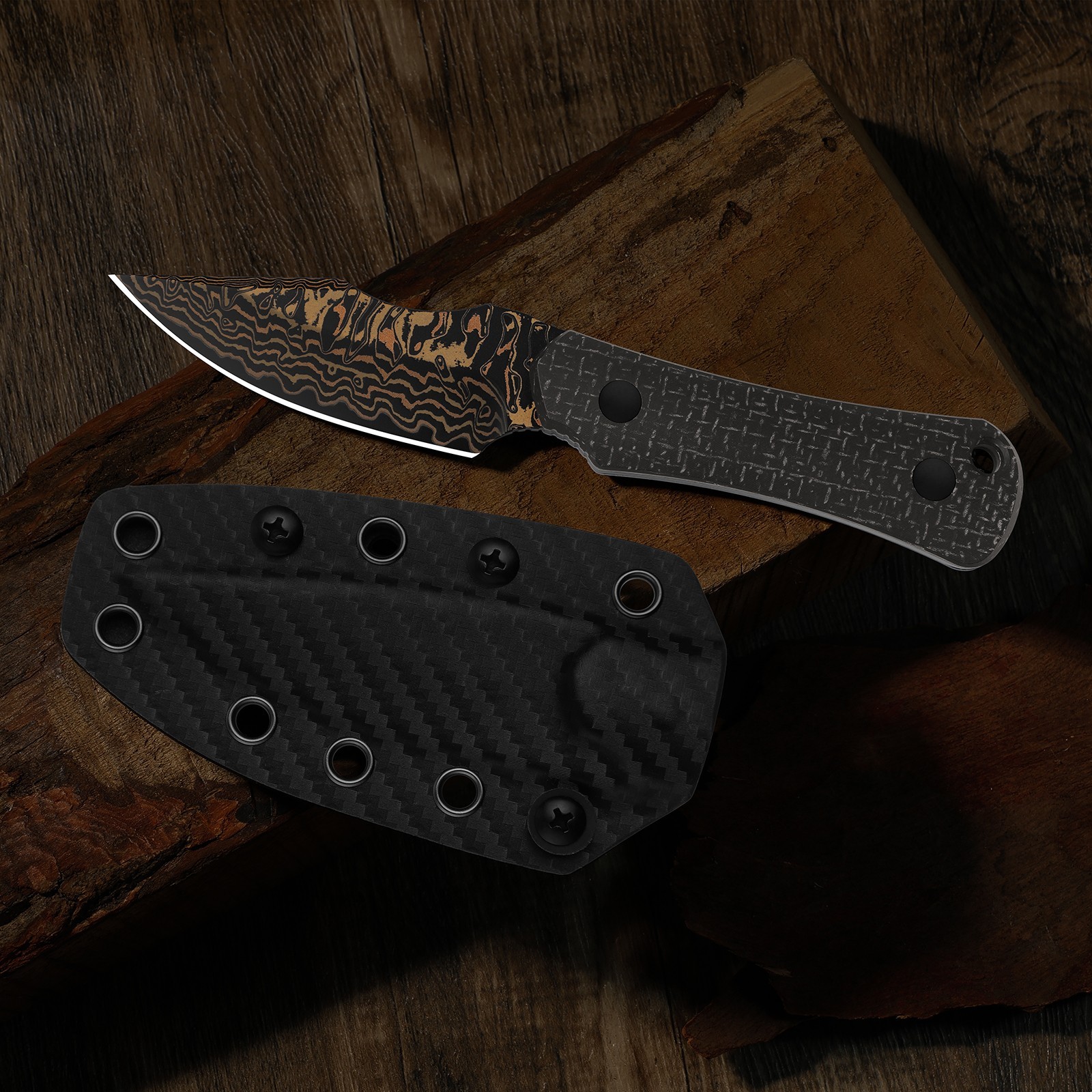 Kizer Bone Fixed Knife Copper Damascus Blade Micarta Handle With Sheath 1122A2