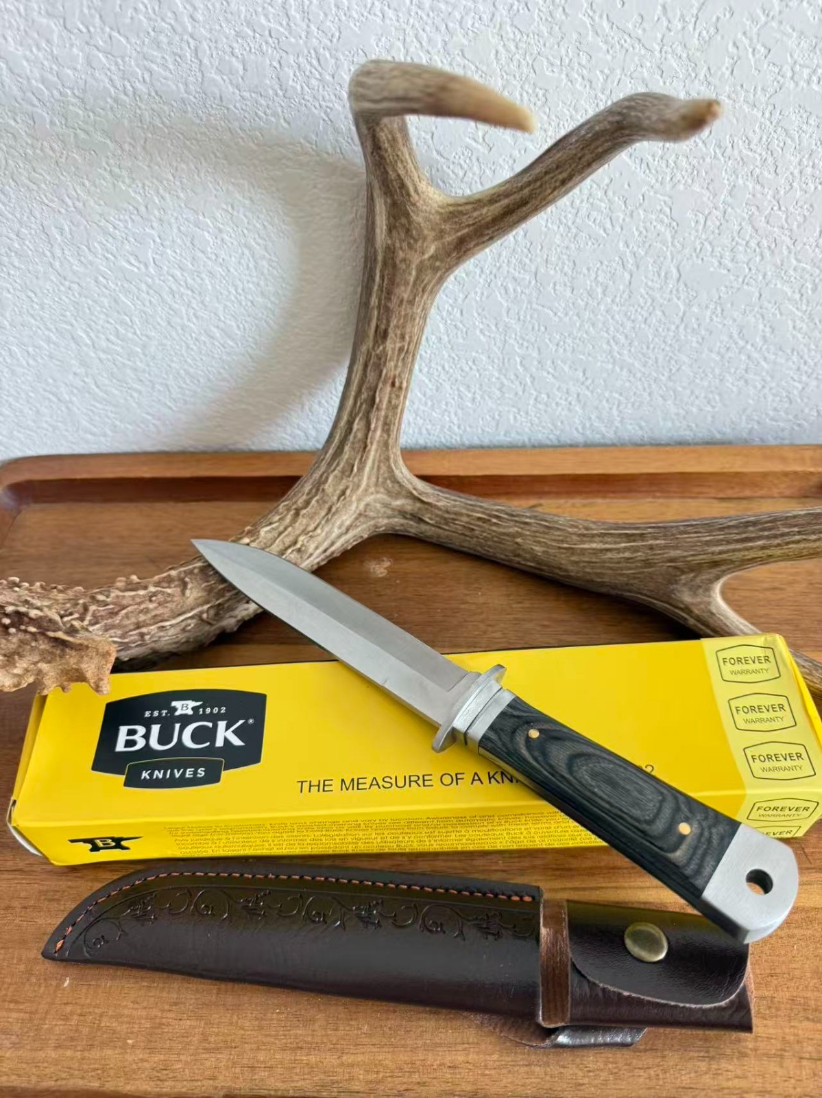 Buck Fixed Blade Hunting Knife Black Wood Handle Leather Sheath New Box