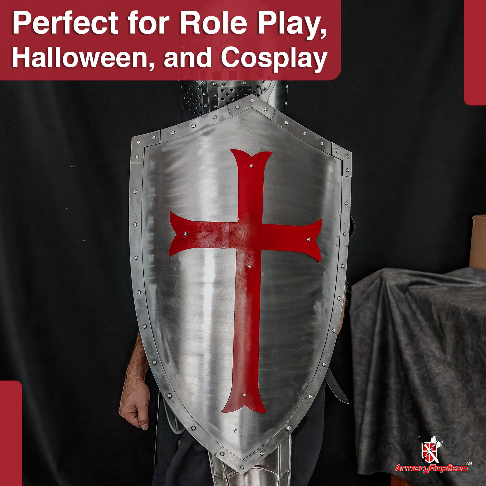 Medieval Knights Templar Shield Crusader Red Cross 28″ Polished Steel Armor