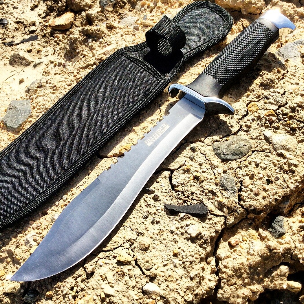 13″ Defender Xtreme Serrated Blade Silver & Black Hunting Knife Sheath