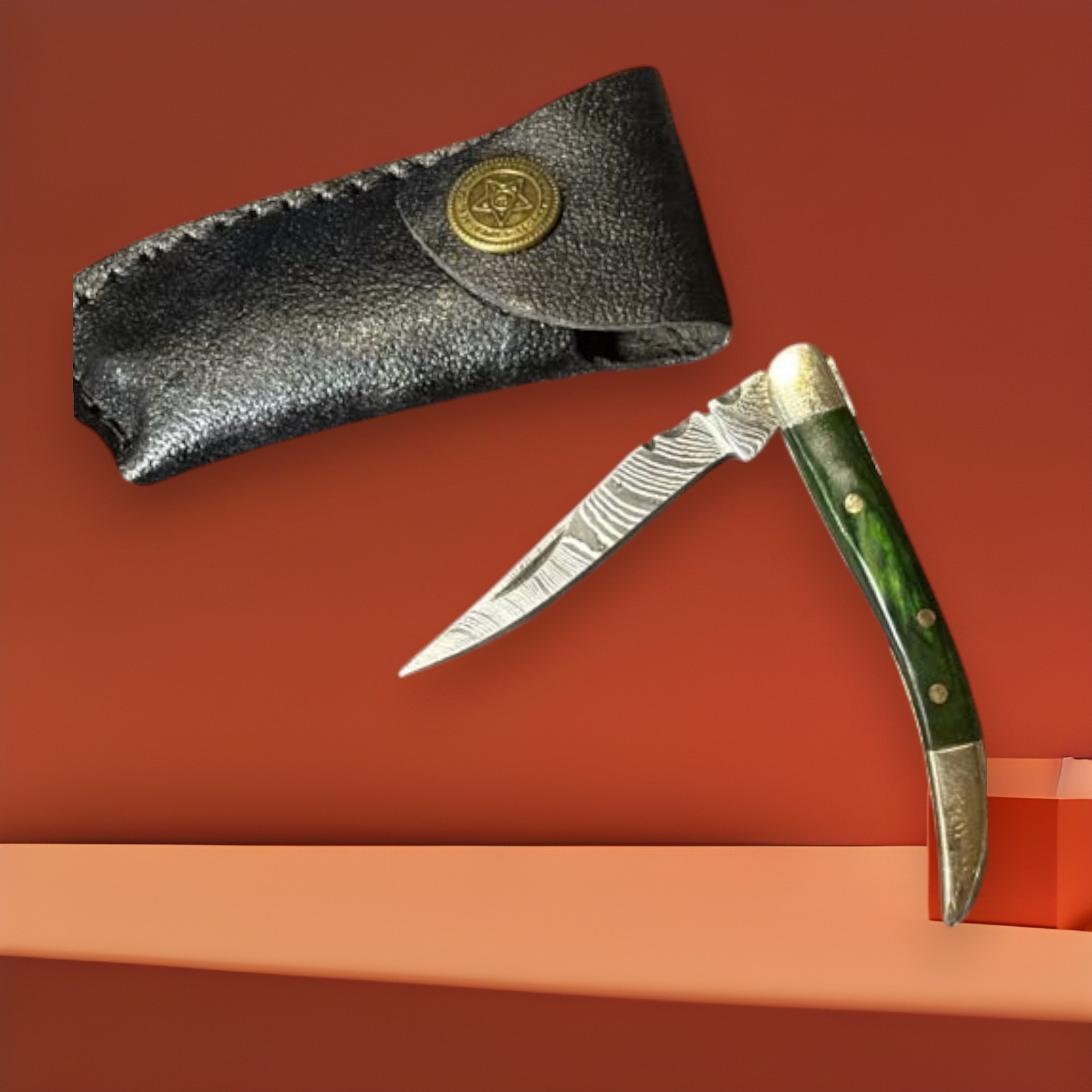 Lot 20 Damascus Pocket Knives Green Wood Brass Slipjoint Folding Knives & Sheath
