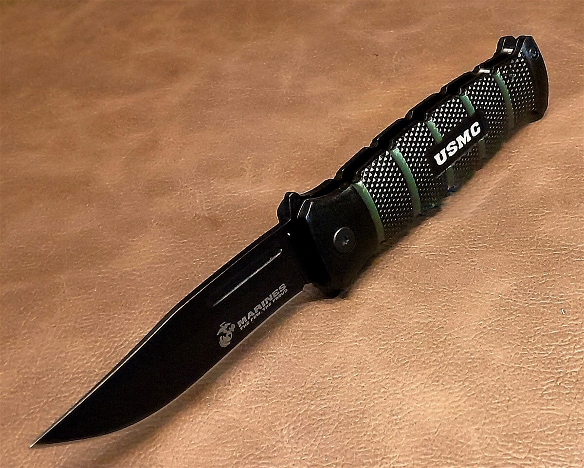 Licensed USMC Black Assisted Opening Tactical Combat Folding Pocket Knife w/Clip