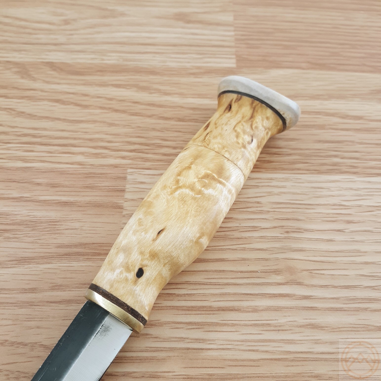 Wood Jewel Set Fixed Knife Carbon Steel Blade Curly Birch Handle w/Brown Sheath