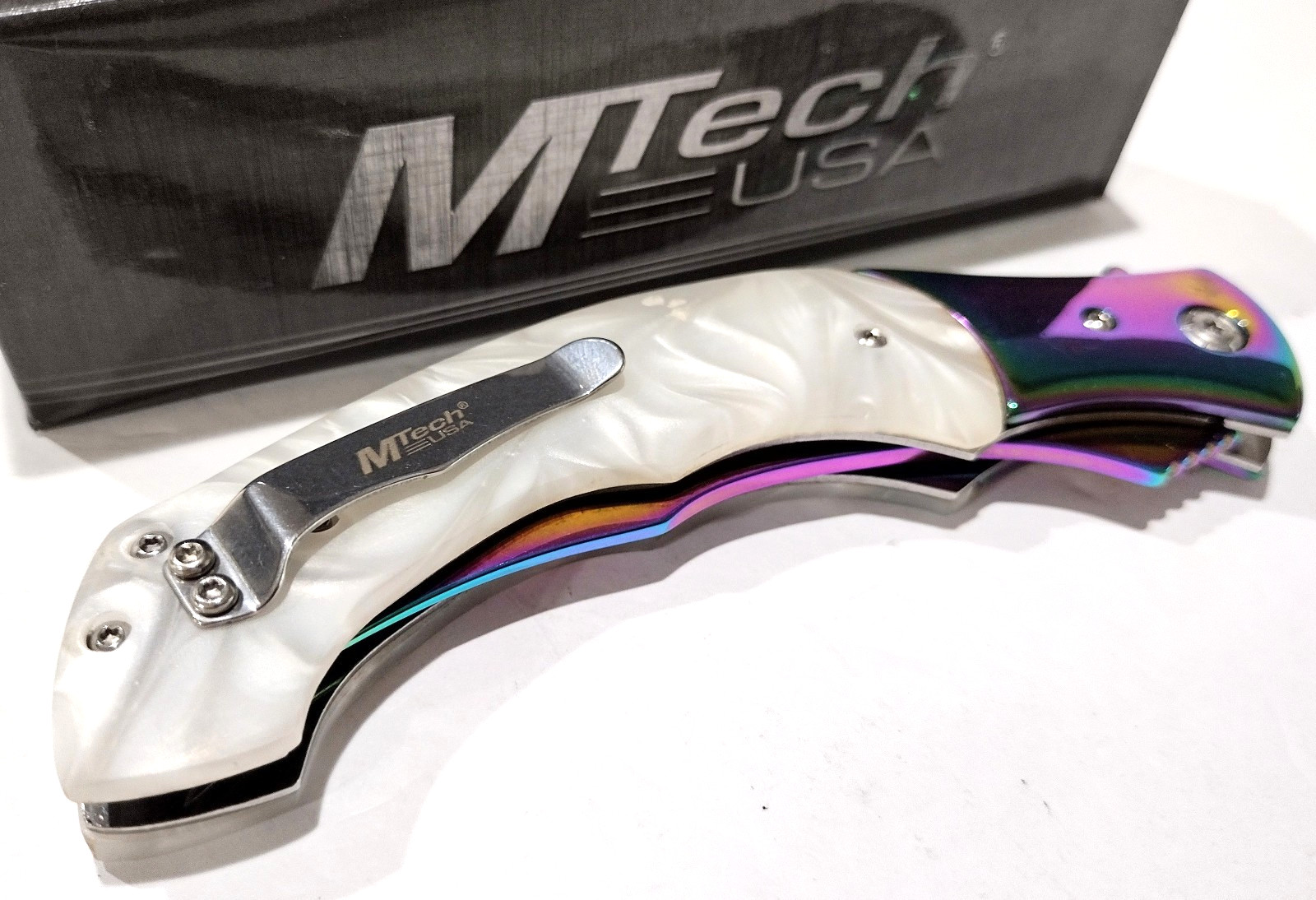 MTECH A/O Large Curved Blade MOP Pearl Tactical Linerlock Folding Pocket Knife