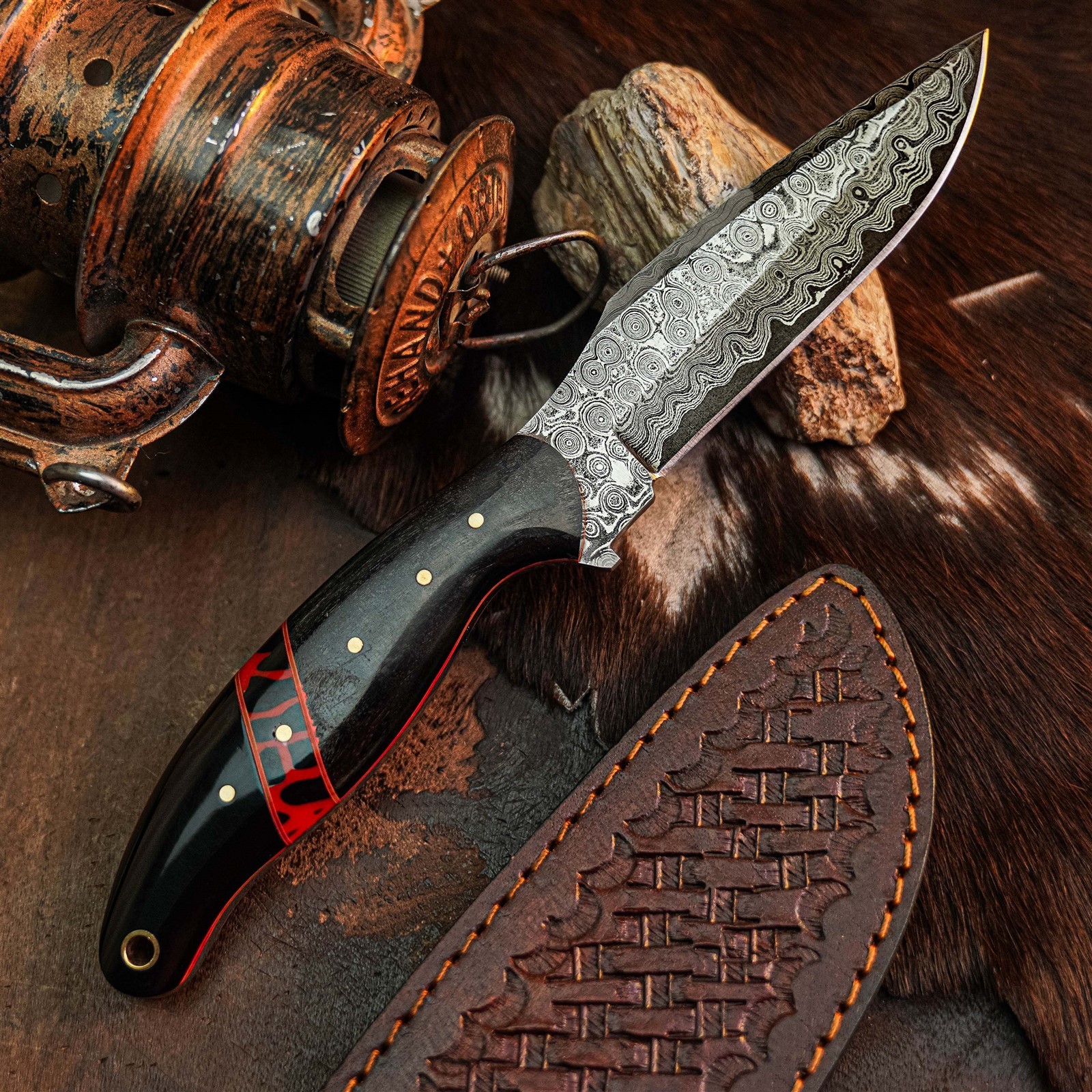 8.9″ Camping Bushcraft Damascus Knife Handmade Full Tang Horn Handle +Sheath