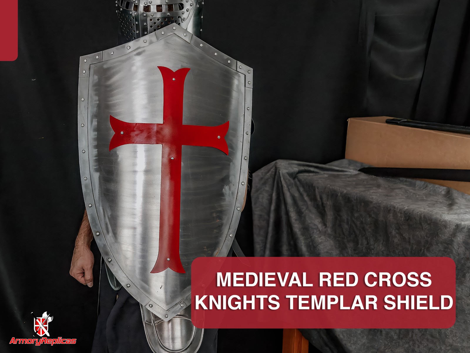 Medieval Knights Templar Shield Crusader Red Cross 28″ Polished Steel Armor