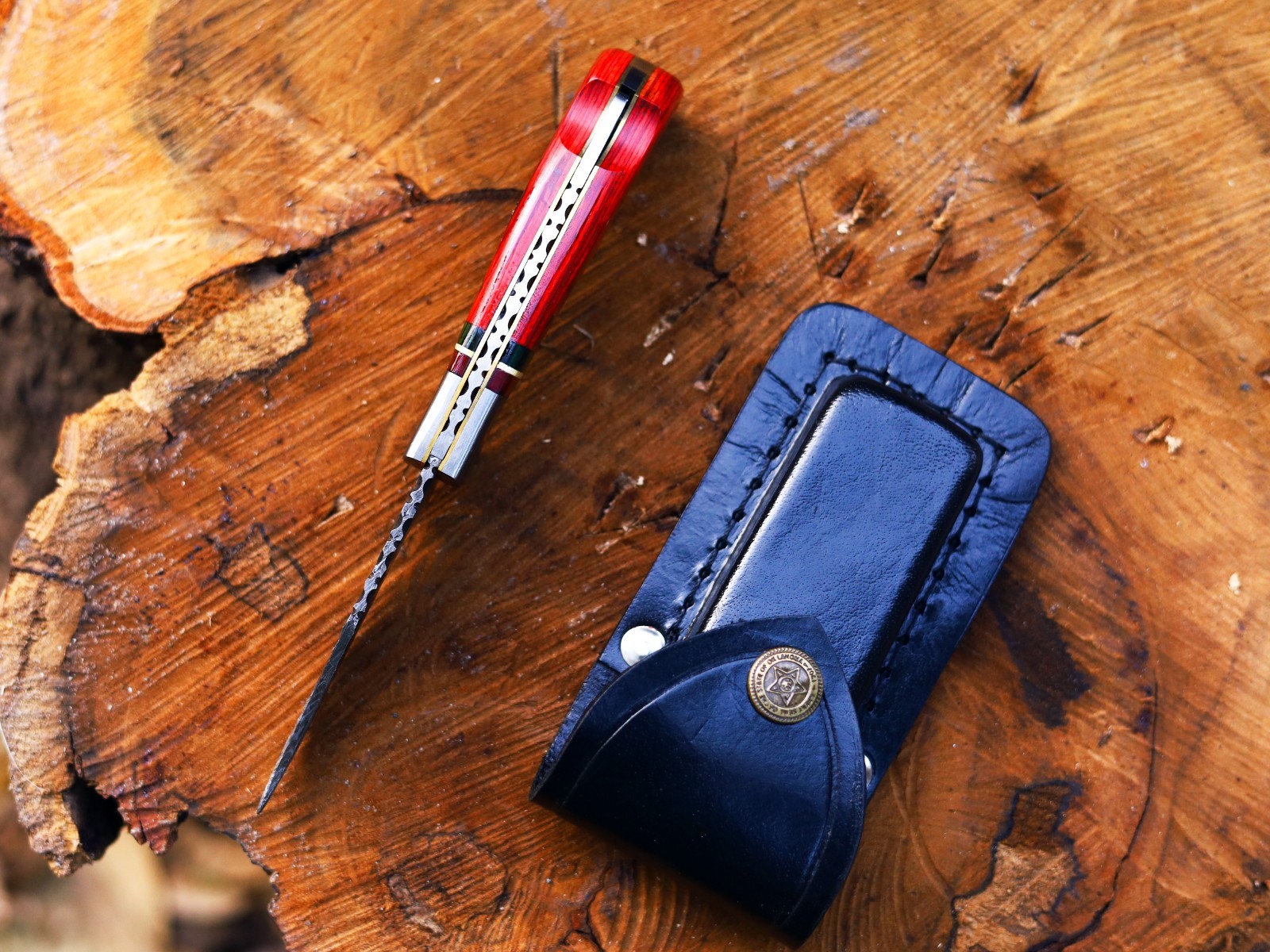 Custom Handmade Damascus Steel Folding EDC pocket Knife with Leather Sheath