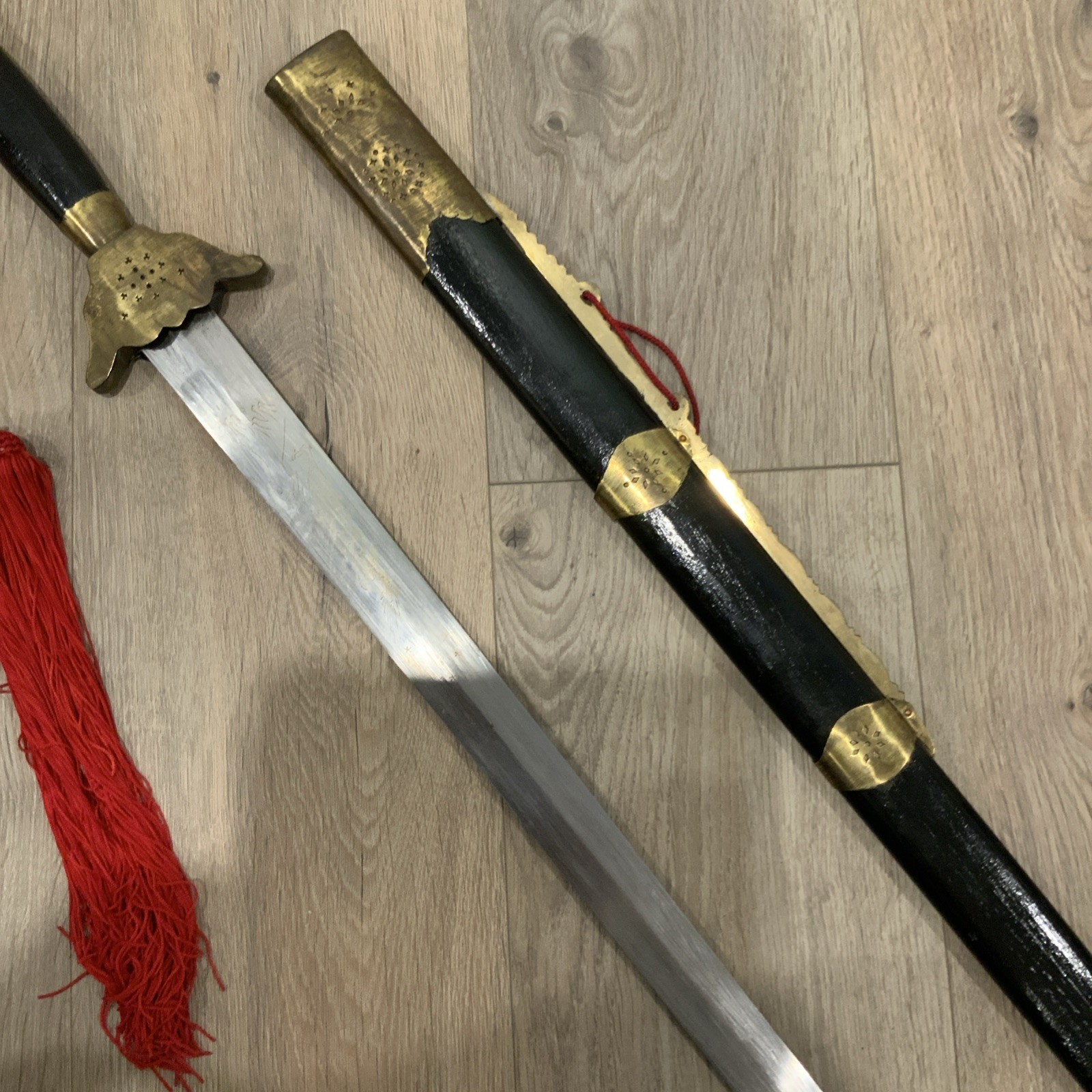 Chinese Sword Jian With Wooden Scabbard and Brass Fittings Tai Chi Kung Fu Wushu