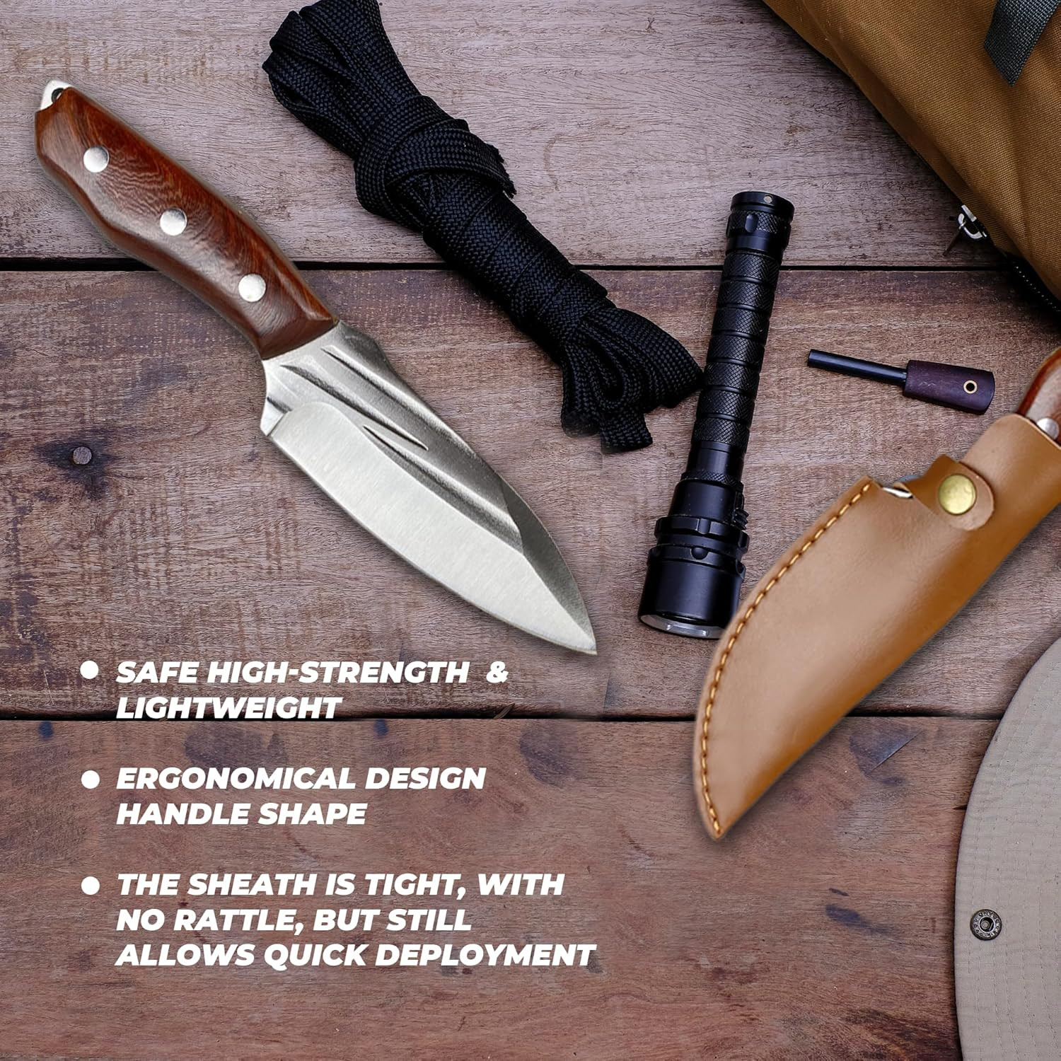 Pocket Fixed Blade Knife with Wood Handle and Leather Sheath for Camping, Outdoo