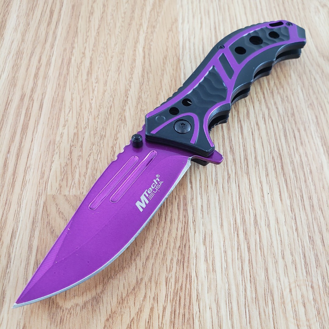 MTech Assisted Folding Knife 3.63″ Purple Stainless Steel Blade Aluminum Handle