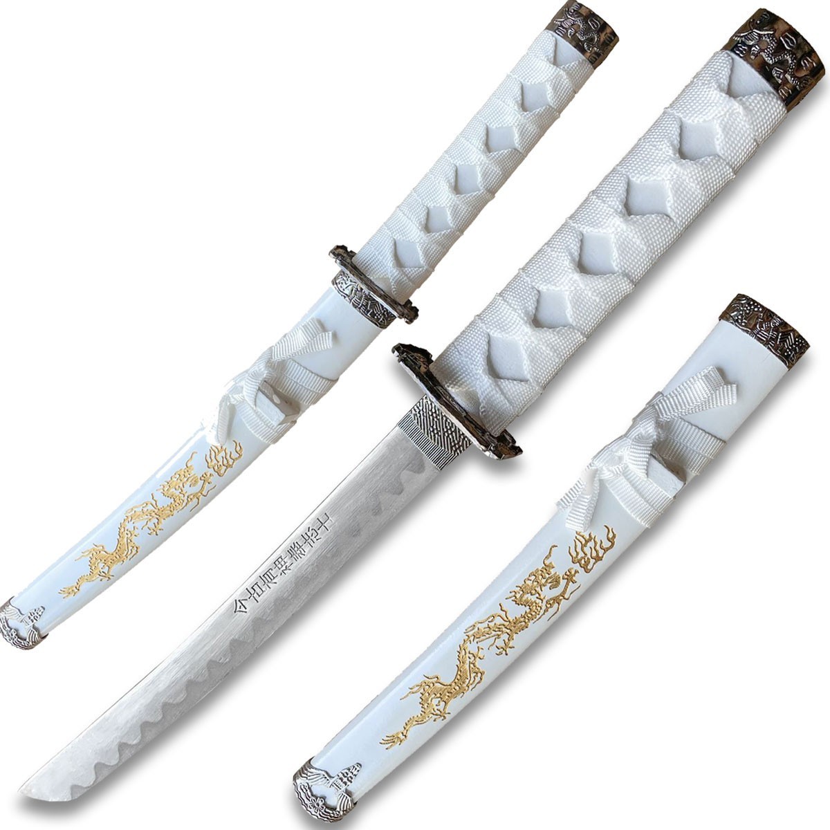 Tanto 21″ Sword w/ Gold Dragon Engraved White Scabbard