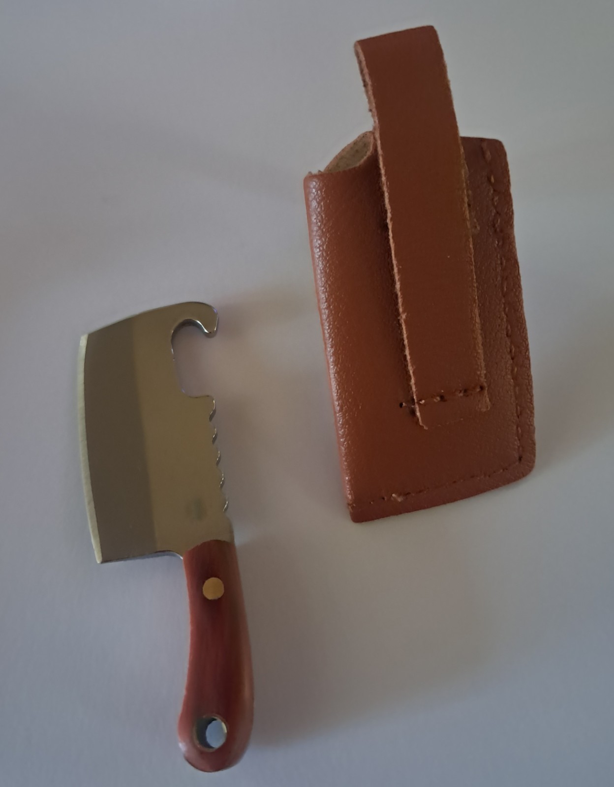 Keychain Mini Cleaver ,Wood Handle, Full Tang,With Sheath, Bottle Opener?