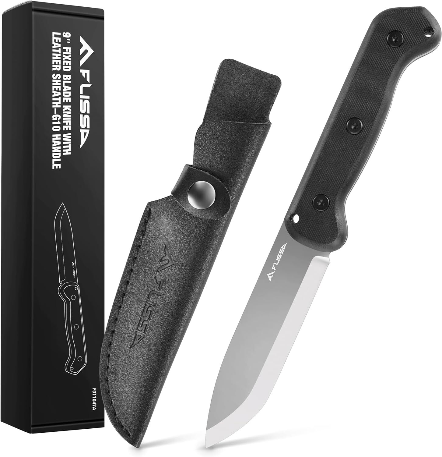 FLISSA 9″ Fixed Blade Knife, D2 Steel Leather Sheath Included Drop Point NEW