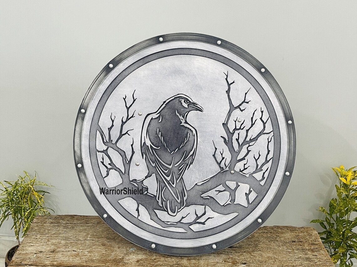 Yggdrasil Raven Carved Viking Shield: Handcrafted/Carved 24-Inch Wood and Metal