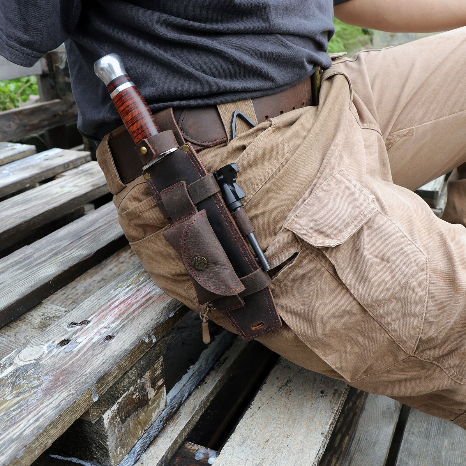 TOURBON Survival Leather Tracker Knife Sheath Horizontal Belt Holster with Pouch