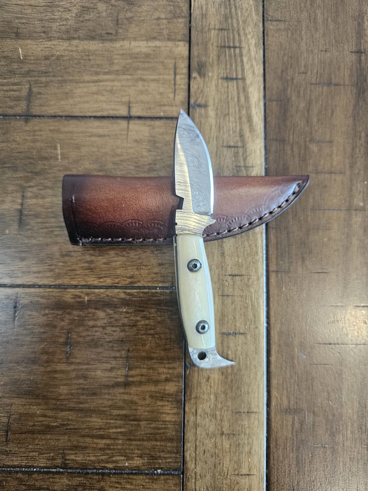 5.5″CUSTOM HANDMADE DAMASCUS BONE HANDLE KNIFE W/MOSAIC PIN & SHEATH 69/03