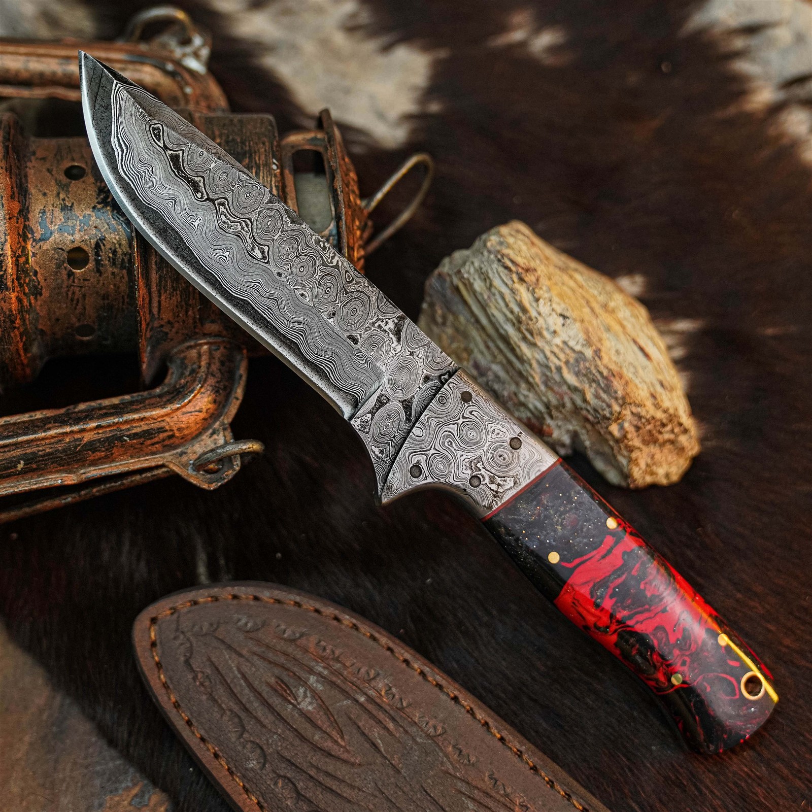 8.9″ Hunting EDC Damascus Knife Handmade Full Tang Resin Handle + Sheath