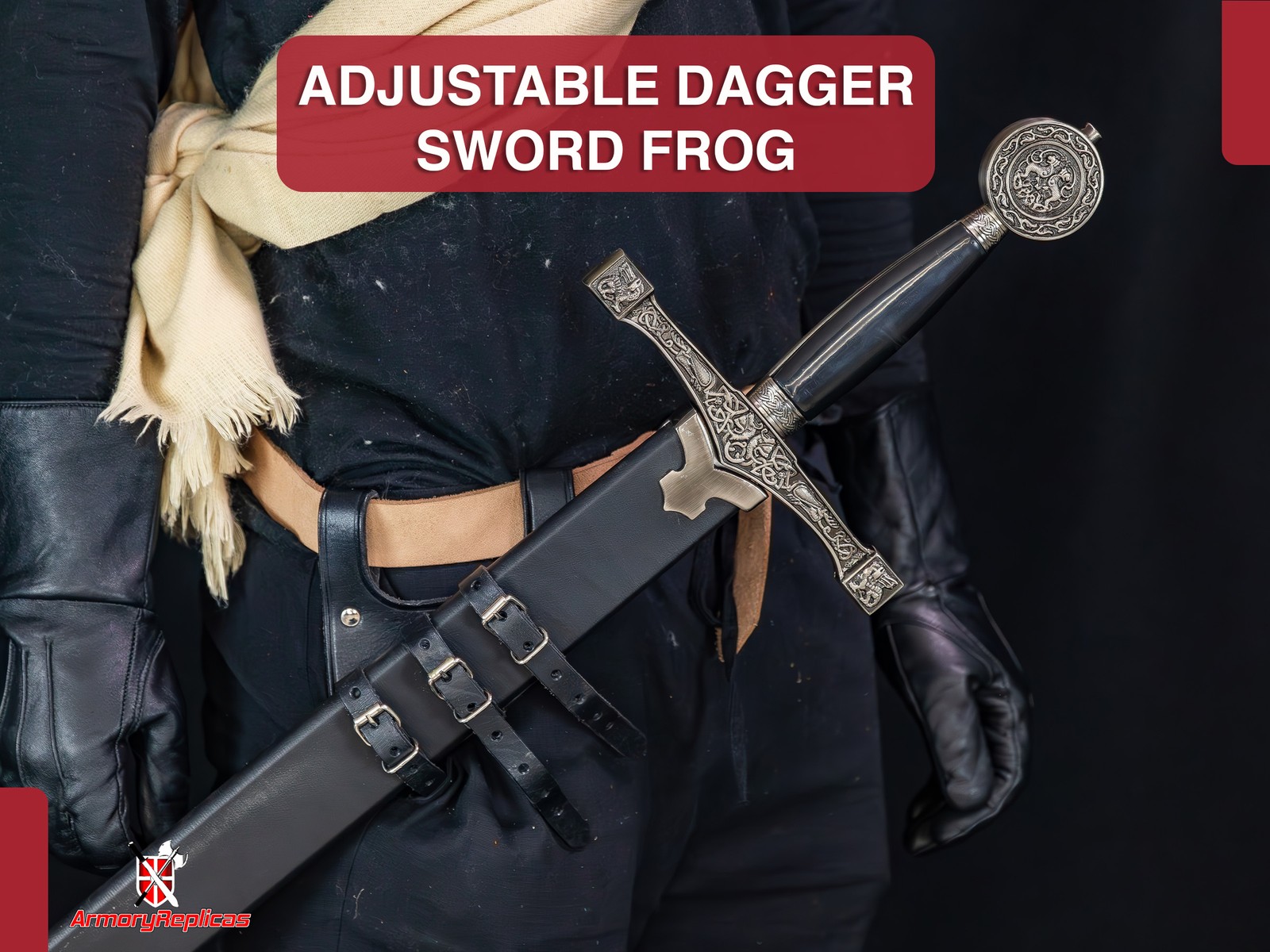 Medieval Functional Ace Dueler 3-Strap Genuine Leather Sword Frog Adjustable L/R