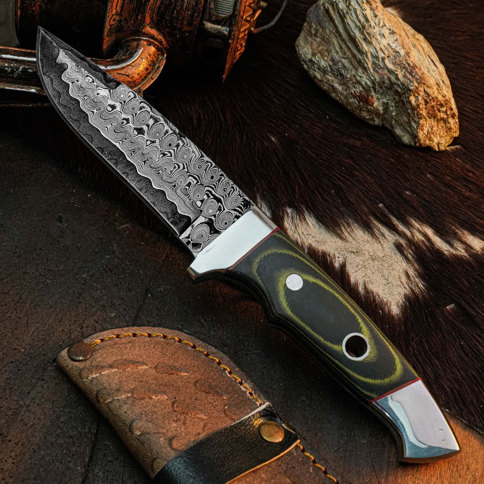 8.8″ Clip Point Knife Damascus Steel Hunting EDC Full Tang Blade Micarta Handle
