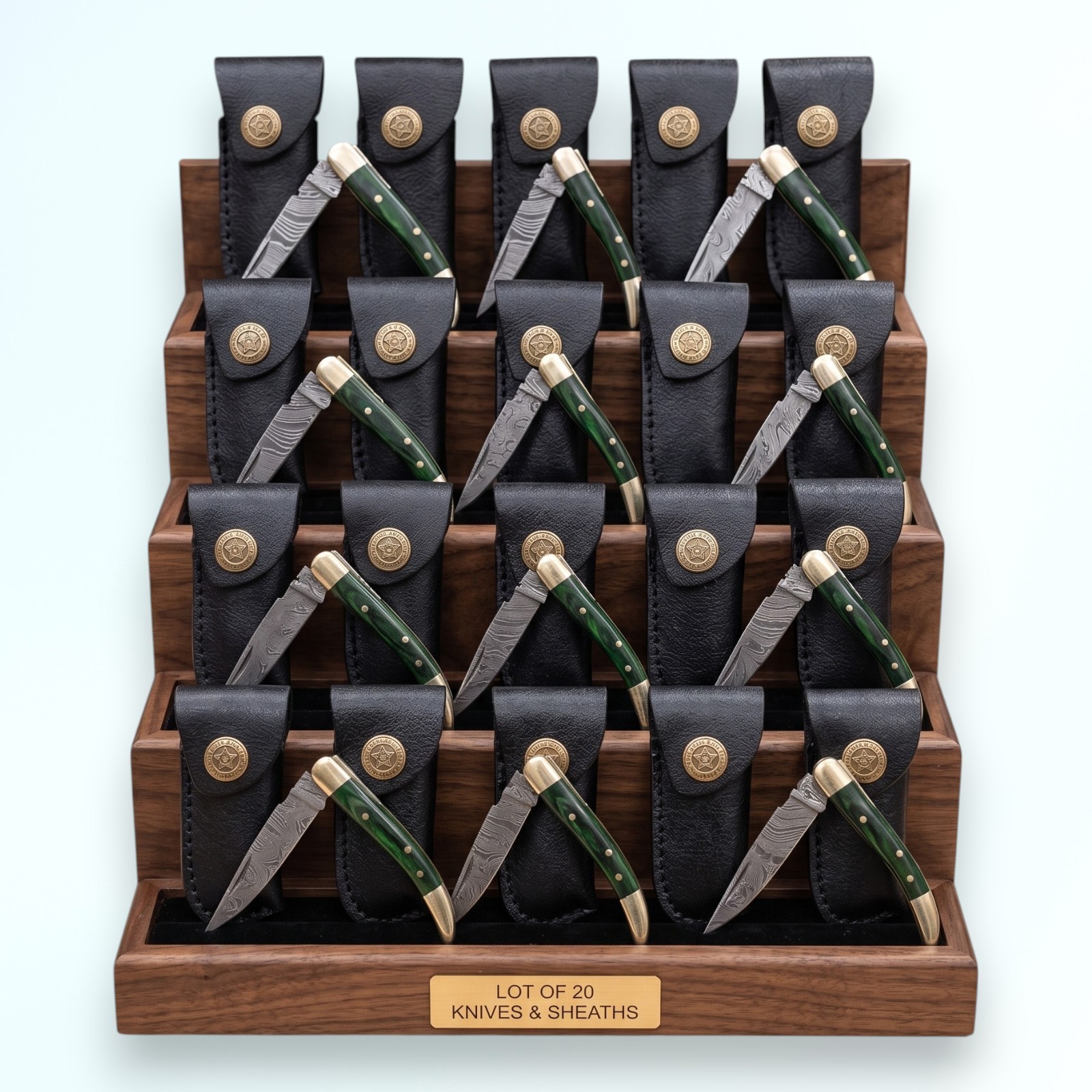 Lot 20 Damascus Pocket Knives Green Wood Brass Slipjoint Folding Knives & Sheath