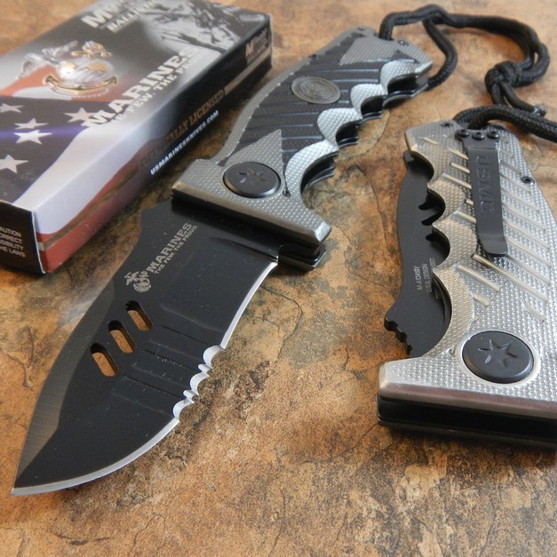 USMC Marines GREY Spring Assisted Opening Large Tactical Folding Pocket Knife