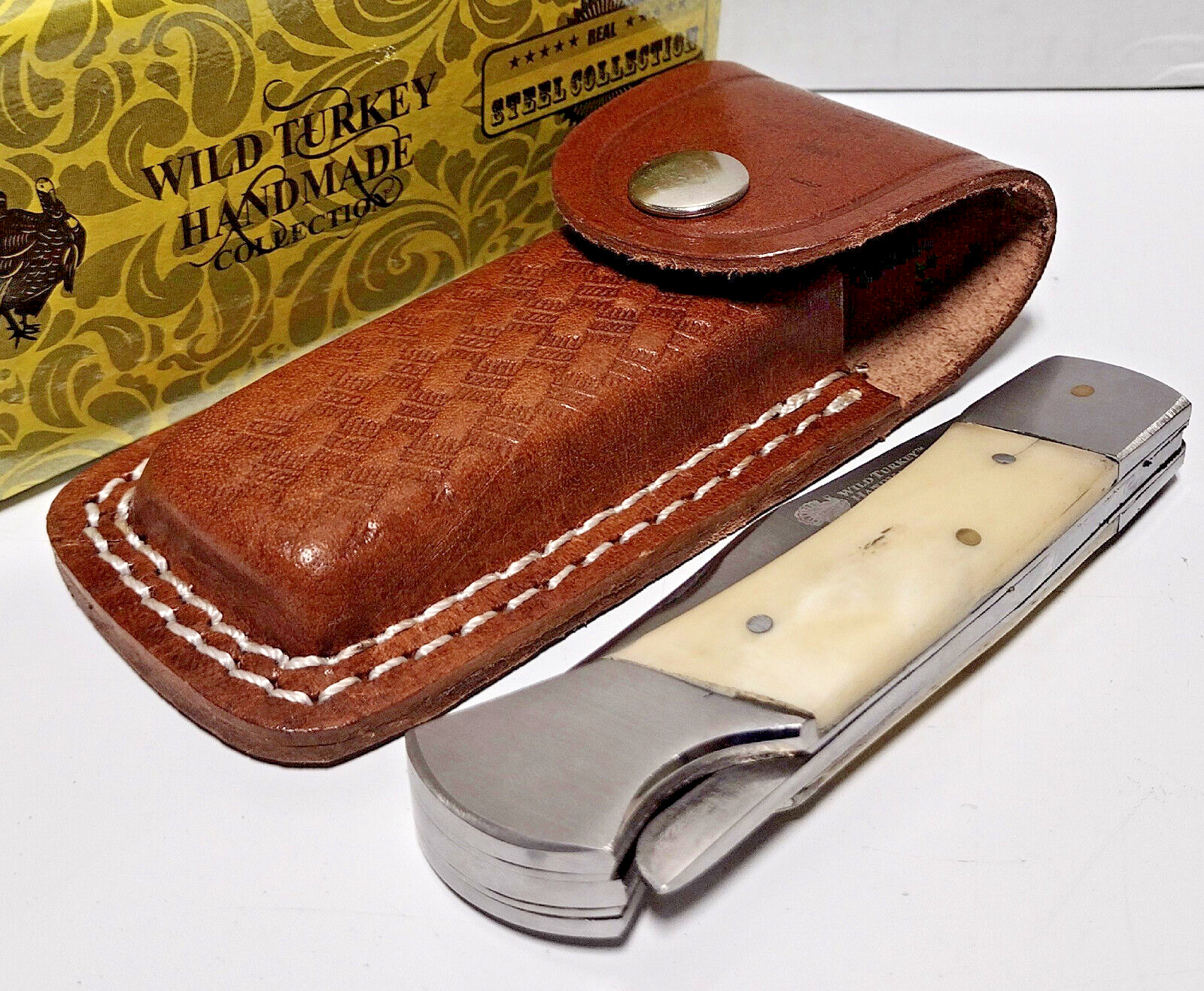 Wild Turkey White Bone Clip Point Blade Lockback Hunting Pocket Knife + Sheath