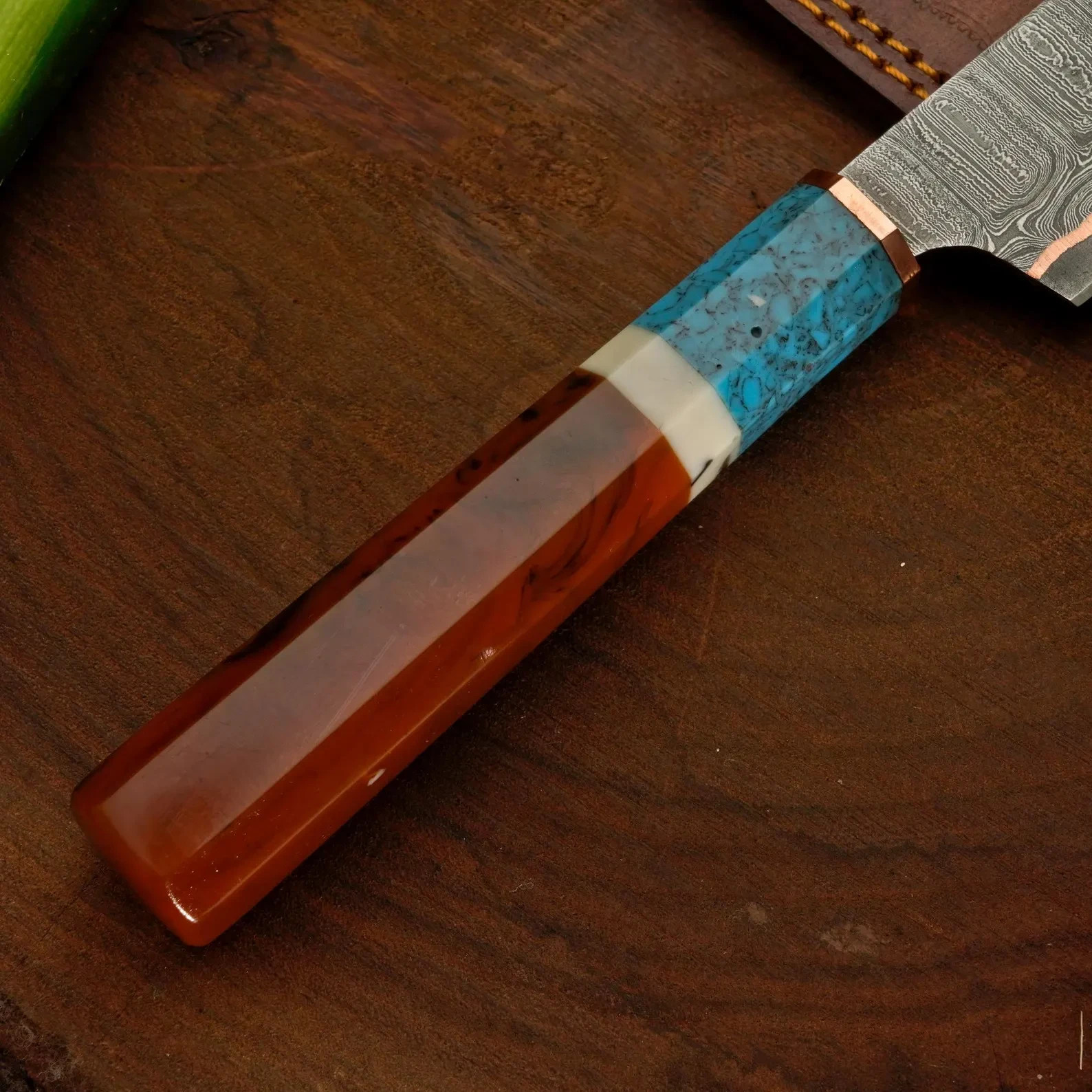 Custom Handmade Damascus Steel Copper San mai Chef knife & Leather Sheath