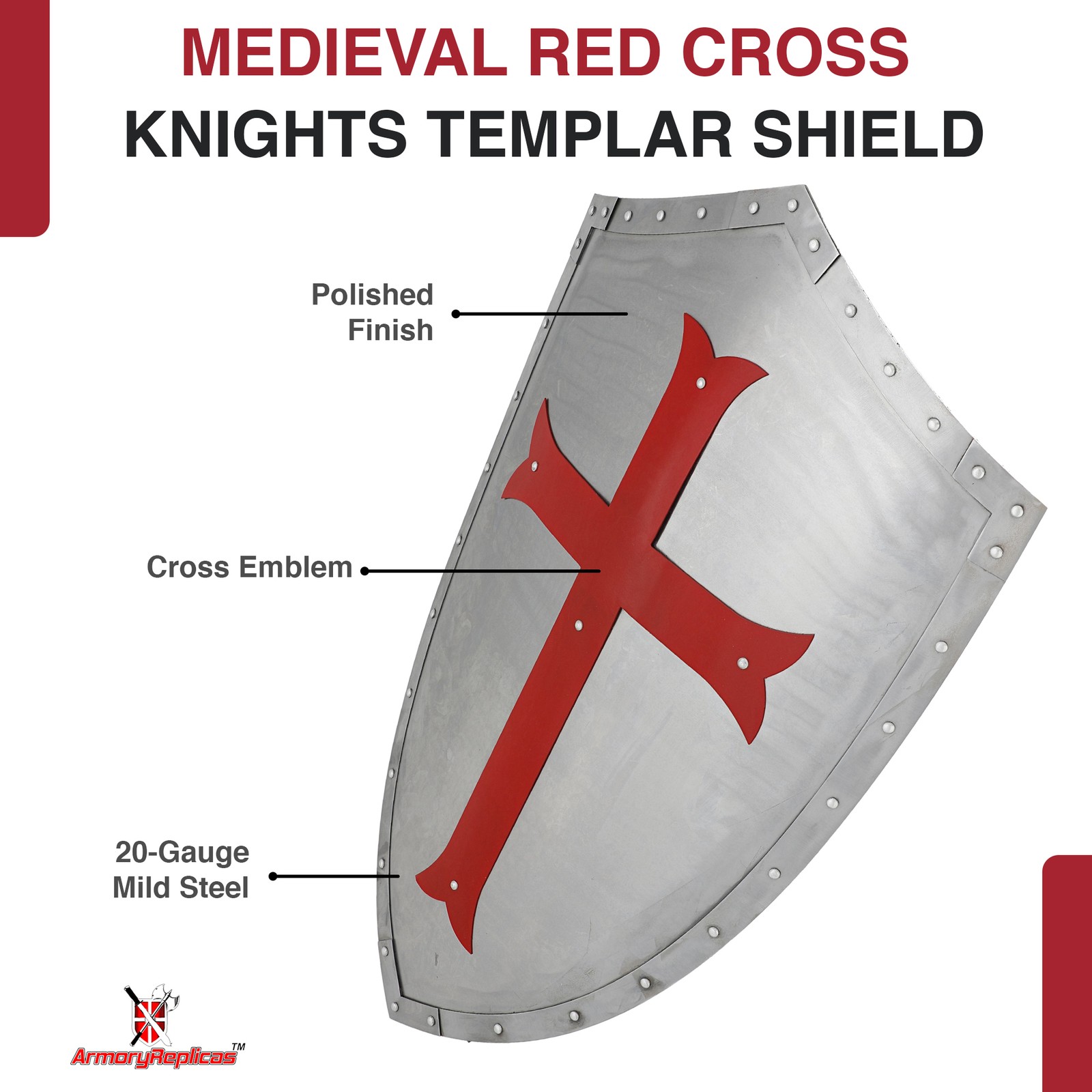Medieval Knights Templar Shield Crusader Red Cross 28″ Polished Steel Armor