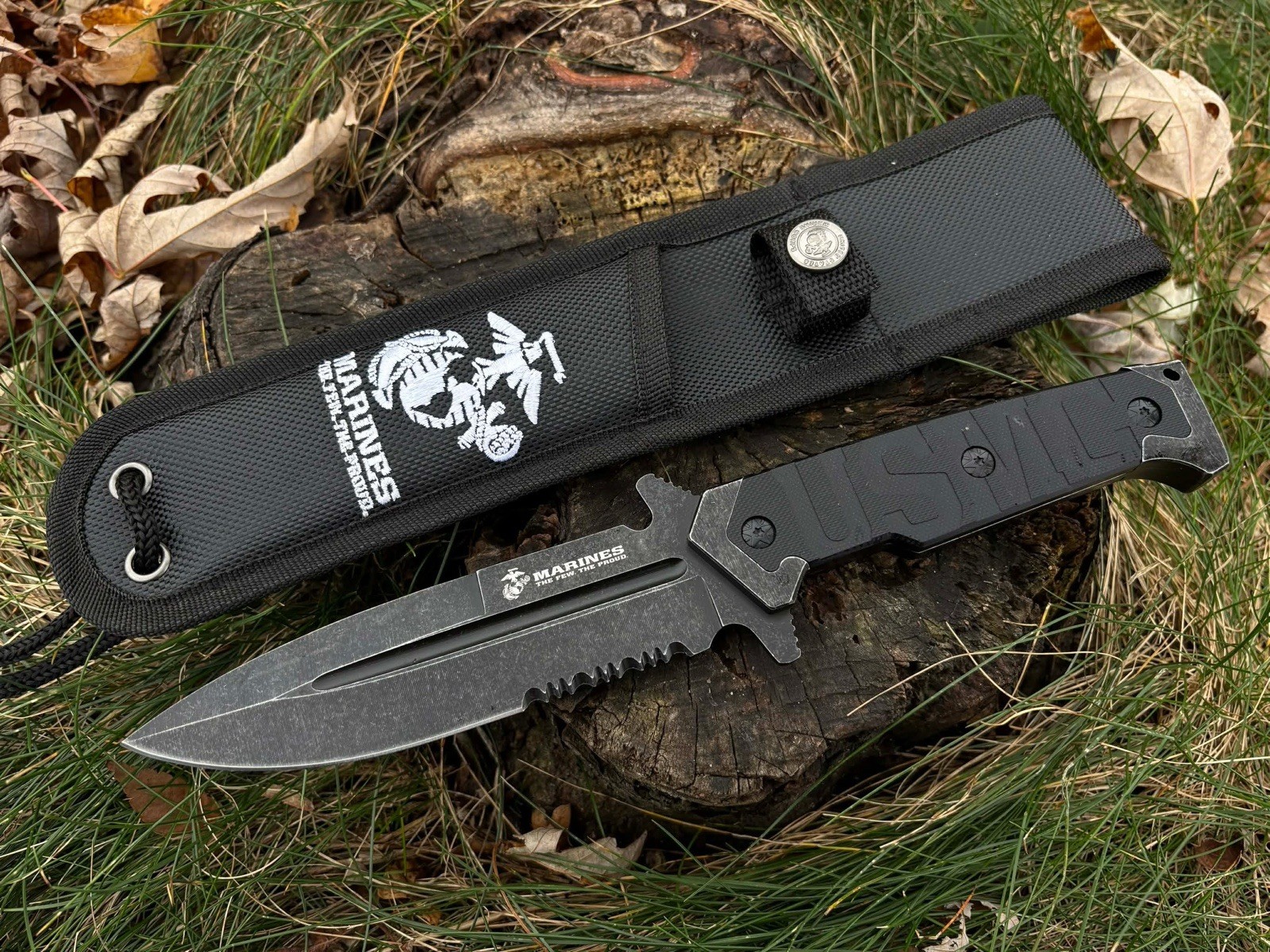 10” USMC Black Combat Knife Fixed Blade United States Marines Corps Licensed