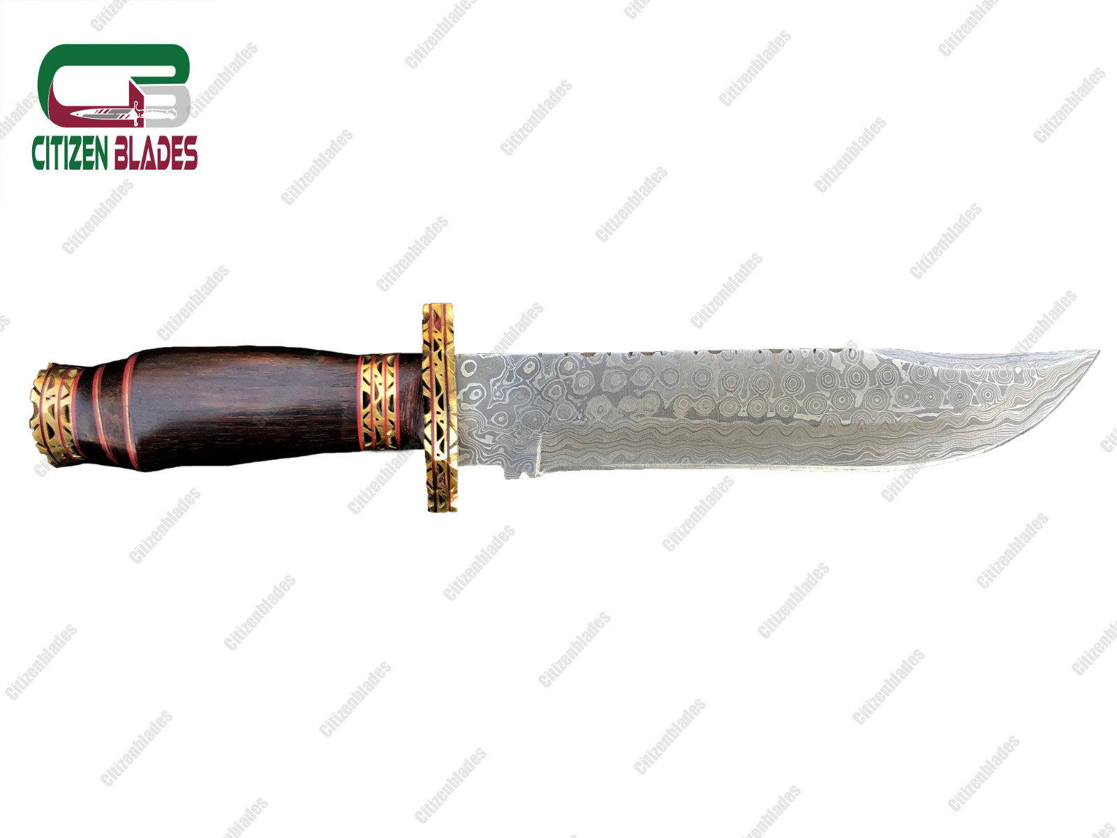 Custom Handmade Damascus steel hunting knife. wooden handle and brass spacer. US