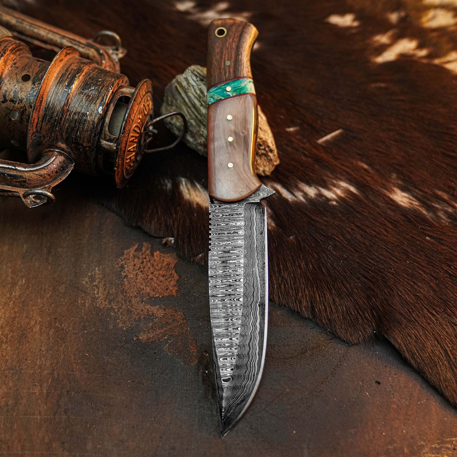 9.4″ Damascus Camping EDC Knife Full Tang Horn Handle Fix Blade + Sheath
