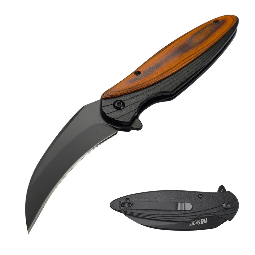 7.90″ MTech Spring Assisted Knife-Aluminum/Wood Handle & Low Pocket Clip