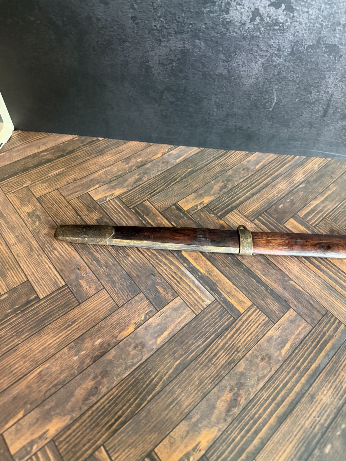 Antique Chinese Qing Era Jian Short Sword Fushou Brass Mounts 23.5in